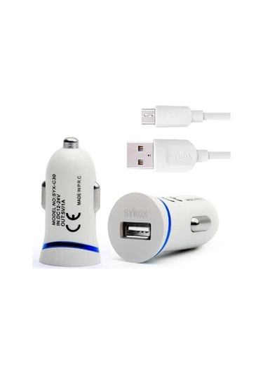 Syrox C28 Araç Şarj Aleti Micro Usb Kablo Set 1.0A Beyaz