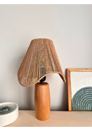 Hasır El Yapımı Bohem Asimetrik Şekilli Avize 2 Li Ahşap Ayaklı Rustik Abajur Set Kahverengi