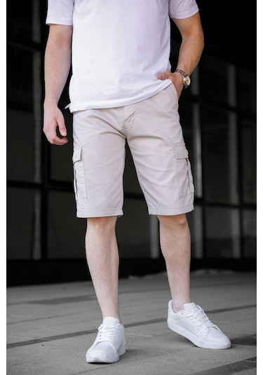 Taş Renk Kargo Cepli Gabardin Erkek Şort-1803 Taş