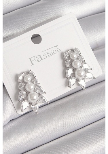 Pirinç Gümüş Renk Zirkon Taşlı Yaprak Model İnci Detay Kadın Küpe