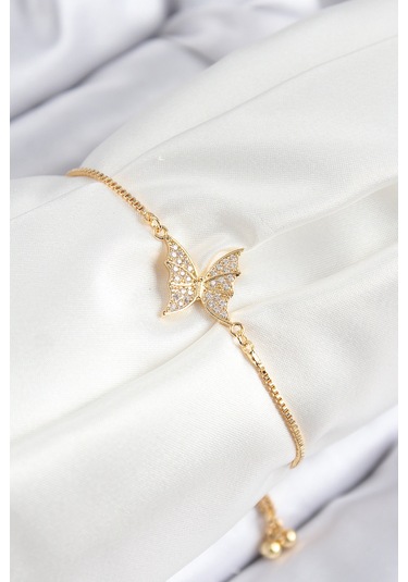 Pirinç Zirkon Taşlı Kelebek Model Gold Renk Asansörlü Kadın Bileklik Çok Renkli