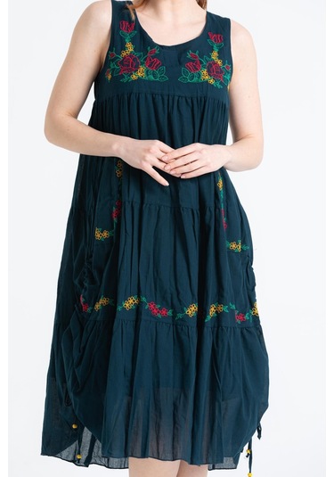 Kolsuz Vual Ahsen Nakışlı Midi Boy Elbise Petrol Ptrl-petrol