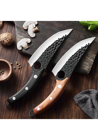 Teltree Pişirme Ve Kesim İçin Çelik Bıçak - Keskin Uç, Çelik Malzeme, Çarpıklı Finish, Narin Ahşap Sap + Deri Kılıf + Hediye Kutusu