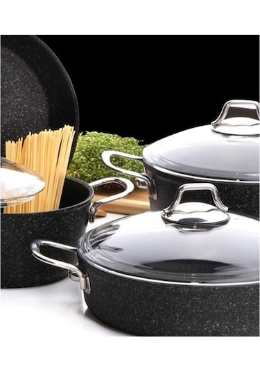 Falez Black Line 7 Parça Granit Tencere Seti Siyah