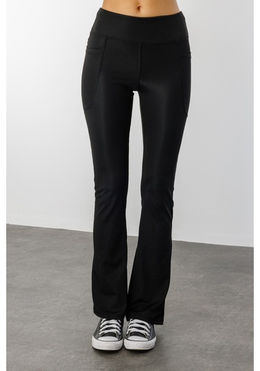 Kadın Yüksek Bel Toparlayıcı Çift Cepli Ispanyol Paça Tayt İspanyolpaça-tayt Siyah