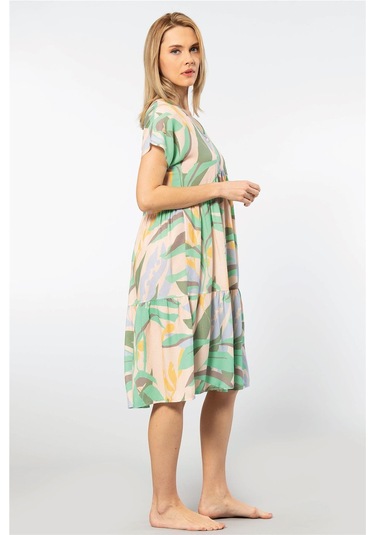 Türen 3602 Kadın Kısa Kollu Dokuma Kloş Elbise-yeşil Yeşil