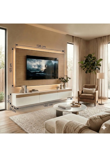 Purelıne Ledli Duvar Tv Ünitesi 180 Cm Beyaz-meşe 180 Cm