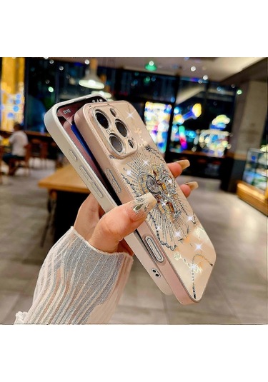 İphone Uyumlu 16 Pro Max Kılıf Kickstand Tpu+pc Rhinestones Dekor Telefon Kılıfı - Beyaz