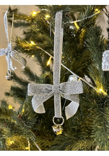 Yılbaşı Simli Gümüş Kadife Kurdeleli Zilli Zincir Lüks Noel Çam Ağacı Süsü 5 Adet-ykdf22