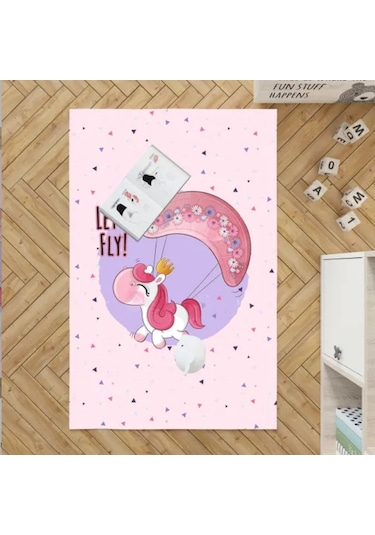 Uçan Unicorn Dijital Baskı Kalın Taban Çocuk Oda Halısı Çok Renkli