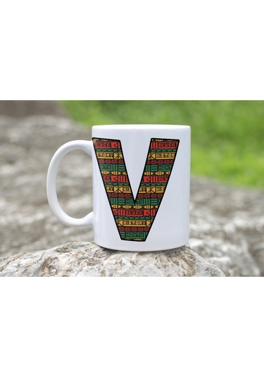 V Harfi Etnik Desenli Kupa - Afrika Tarzı Kahve Çay Kupası - Hediyelik - Black History Beyaz