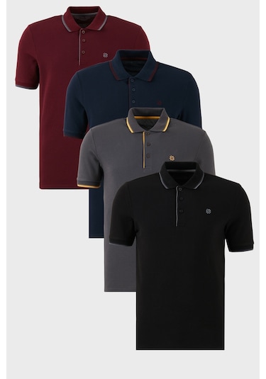 Buratti Pamuklu Slim Fit Şerit Detaylı Düğmeli Polo Yaka 4'Lü Paket Erkek T Shirt 5902118S4 Siyah-Vişne-Antrasit-Lacivert-Bordo