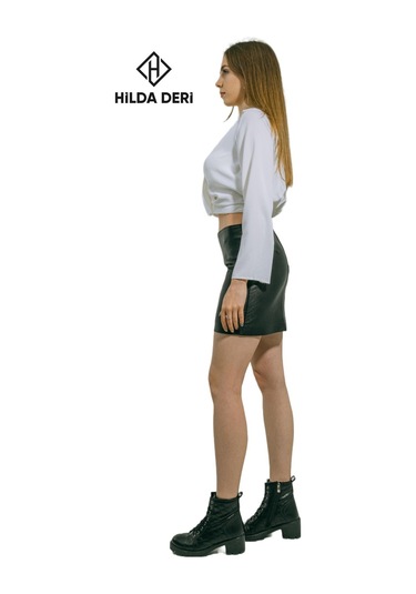 Hilda Deri Mini Etek Hakiki Kuzu Derisi Siyah Aidan 001