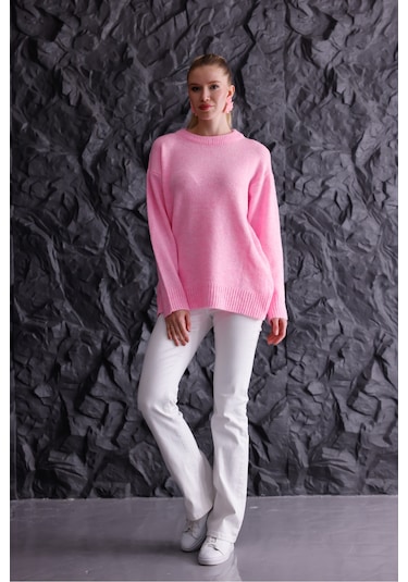 Bisiklet Yaka Oversize Basic Triko Kazak Pembe
