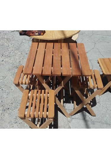 Clk-06 Katlanabilir Ahşap Tabure ve Piknik Masası Seti Katlanır Masa Kahverengi