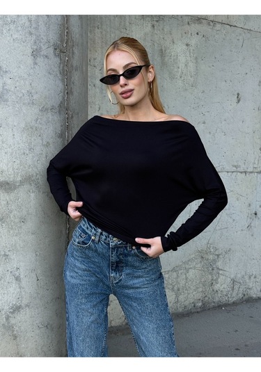 Kadın Kayık Yaka Full Esnek Asimetrik Kesim Comfort Spor Şık Tasarım Yumoş Bluz Siyah