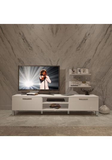 Decoraktiv Eko 4 Mdf Dvd Krom Ayaklı Tv Ünitesi Tv Sehpası Beyaz