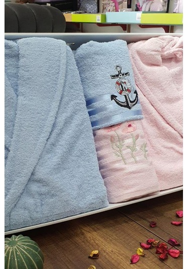 Çeyizlik Aile Bornoz Seti 4 Parça Pudra Mavi Çok Renkli