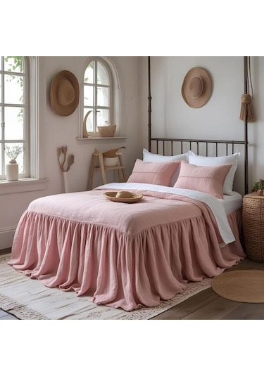 Rustik Şık Keten Fırfırlı - Yumuşak Pembe Yatak Eteği - 160 X 200 Pembe