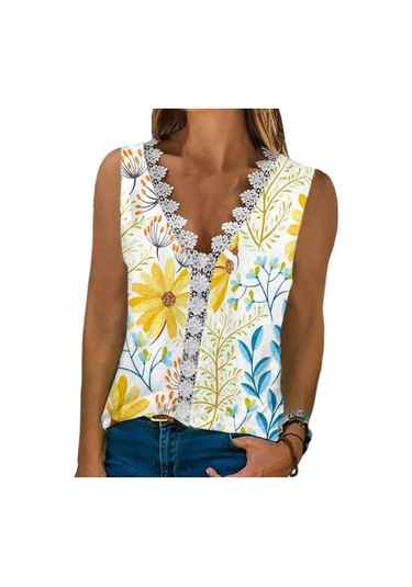 V Yaka Dantel Çiçek Baskı Yaz Bluzlar Kadın 2023 Kolsuz Rahat Gömlek Üstleri Kadın Moda Zarif T Gömlek Kadın Giyim 24858 Floral