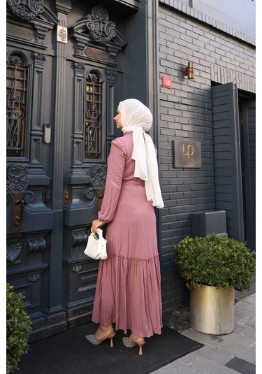 Kadın Gül Kurusu Boydan Düğmeli Eteği Piliseli Kuşaklı Lara Keten Uzun Tesettür Elbise Gül Kurusu