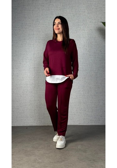 S-pazarım Kadın Uzun Kollu Kapşonlu Bağcıklı Viskon Iki Iplik Bluz Ve Pantolon Ikili Takım Bordo