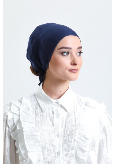 Lacivert Arkadan Bağlamalı Tesettür Bone Penye Kumaş Düz Bone 1011 02 Lacivert