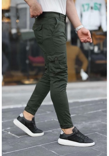 Erkek Körüklü Cep Ve Paça Ribana Detaylı Haki Keten Kargo Pantolon Haki