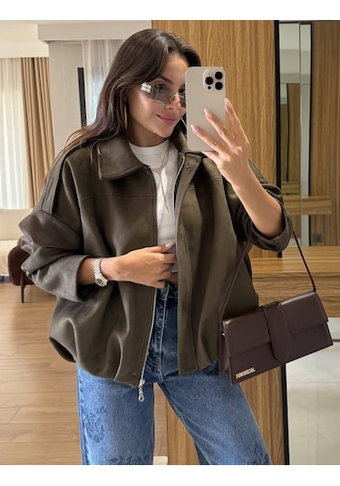 Prifaldi Premium Oversize Süet Bomber Ceket Haki