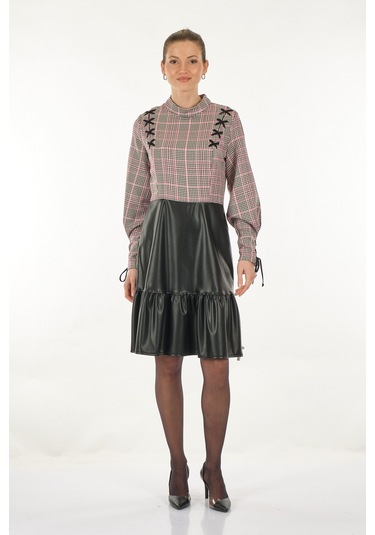 Unique Mode Yarım Balıkçı Kareli Uzun Kollu Siyah Kadın Elbise Uw 001