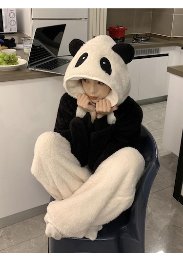 Kadife Panda Pijama Kadın Sonbahar Ve Kış Giyilebilir Kalınlaştırılmış Peluş Sıcak Ev Giysileri Xl Krem Krem