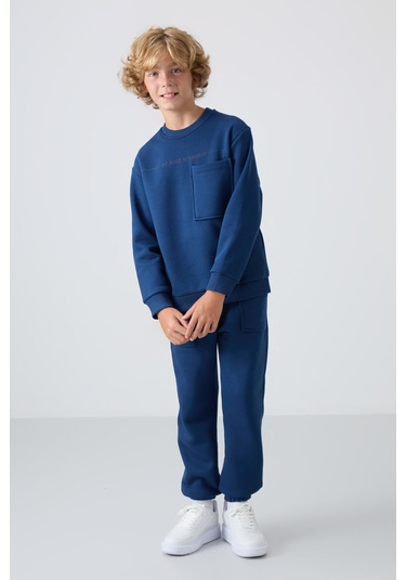 Tommy Life Parlament Pamuklu Kalın İçi Tüylü Yumuşak Dokulu Standart Fit Baskılı Erkek Çocuk Eşofman Takım - 1 Parlement Mavisi