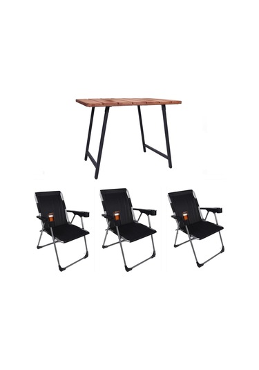 Alin Metal 3''lü Lüks Bardaklı Kamp Sandalyesi Ve Masa Set Siyah Siyah