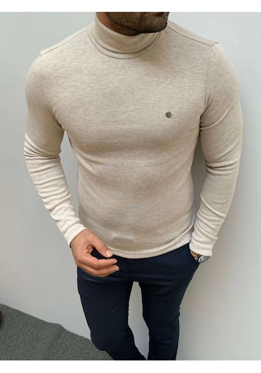 Modefendi Slim Fit A Kalite Pamuk Tam Boğazlı Kazak Krem