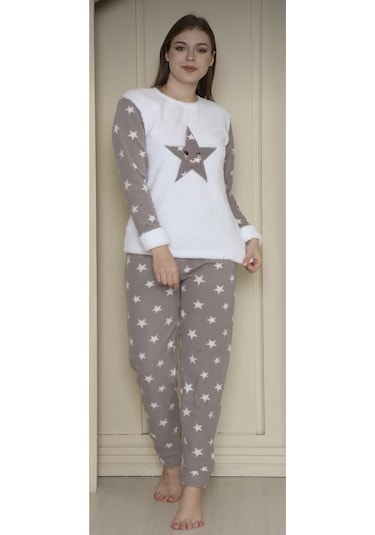 Fames Pijama Büyük Beden Polar Pijama Takım Gri-beyaz