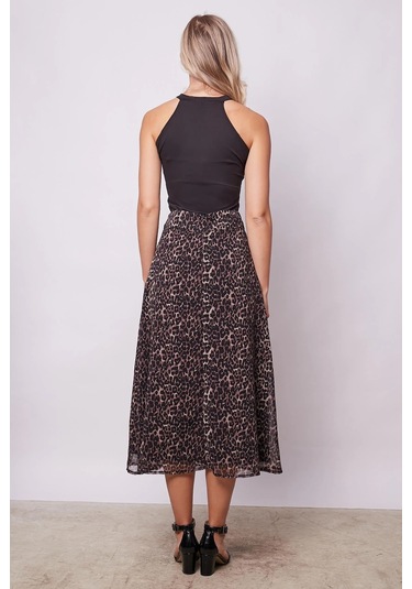 Kadın Desenli Şifon Astarlı Yüksek Bel Kemerli Midi Boy Diz Altı Uzun Çan Etek-leopar Leopar