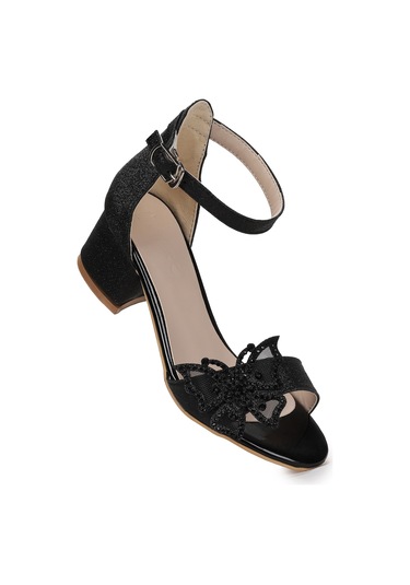 Kiko Kids Zete Kum Simli Kız Çocuk 4 Cm Topuklu Sandalet Abiye Ayakkabı Siyah Siyah