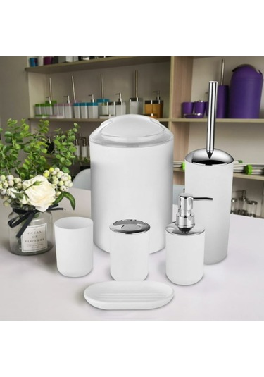 Lemestar Beyaz Pp Plastik Banyo Aksesuar Seti Sabun Spreyi, Fırça Tutucu, Tuvalet Fırçası, Çöp Kutusu, Bardak, Sabun Tablası 6 Parça Beyaz