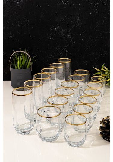 Mest Gold Yaldızlı 18 Parça Cam Su Bardağı Seti Bardak Takımı 215, 310, 385 Cc Gold