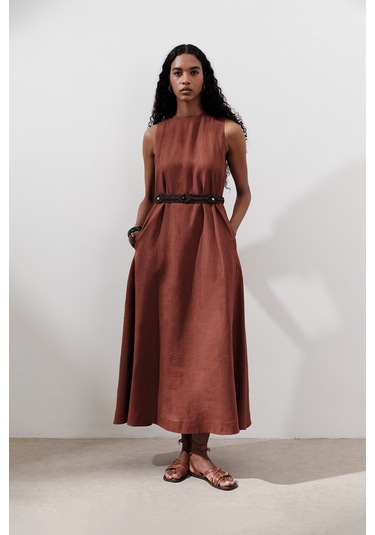 Keten Büzgülü Geniş Elbise Bakır Bakır