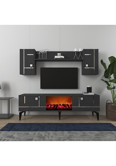 Maddera Şömineli Tv Ünitesi Takımı Antrasit-gümüş