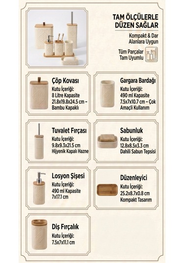 Makri Home Desenli 7 Parça Bambu Kapaklı Ve Aksesuarlı Banyo Seti Gri