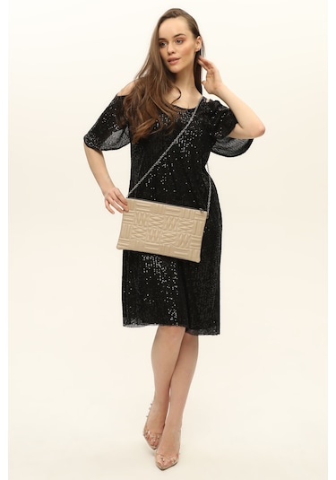 Morpelikan Bej Zigzag Clutch Kadın Portöy Çanta Bej