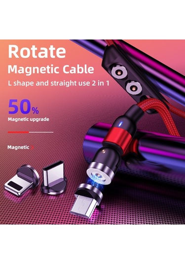 2m 2a Çıkış 3'ü 1 Arada Usb - 8 Pin Usb-c / Type-c Mikro Usb Naylon Örgülü Döndürmeli Manyetik Şarj Kablosu Mor