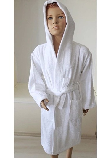 Kapşonlu Pamuklu Çocuk Bornozu Beyaz