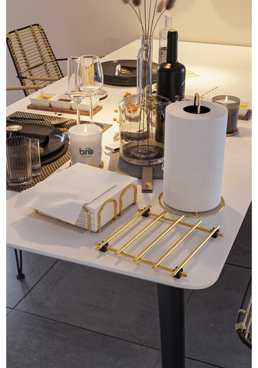 Bino Servis Sunum Seti Havluluk Peçetelik Nihale Gold Altın Dolu Parlak Paslanmaz Çelik 3 Lü Mutfak