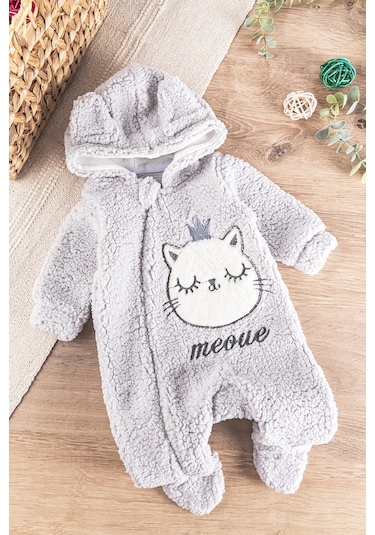 Babymod Kedi Figürlü Peluş Welsoft Kız/erkek Bebek Tulum Gri