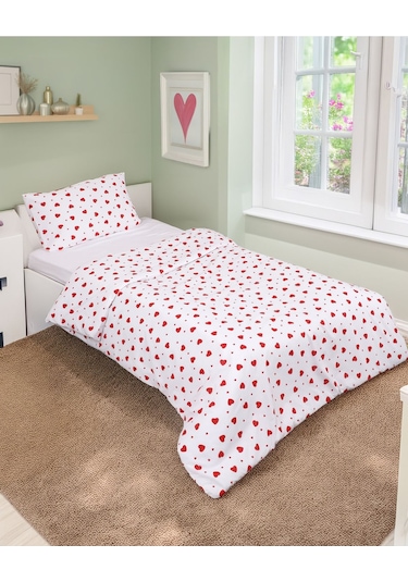 Tek Kişilik Nevresim Seti Kırmızı Kalpli Nevresim Seti Nevresim+ 1 Adet Yastık Kılıfı
