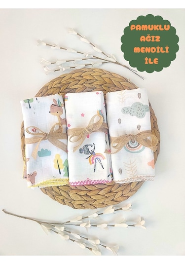 Desenli Müslin Kız Erkek Bebek Battaniyesi Oeko-texli %100 Pamuklu Puset Örtüsü Yenidoğan 90x80cm Sarı