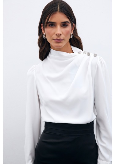 Sateen Düğmeleri Taş Detaylı Bluz - Ekru